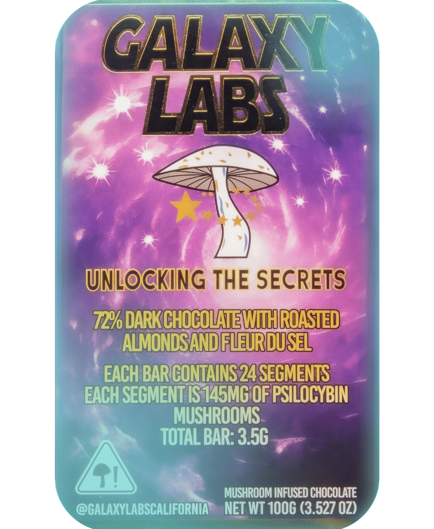 Galaxy Labs chocolate bar with magic mushroom and ingredients