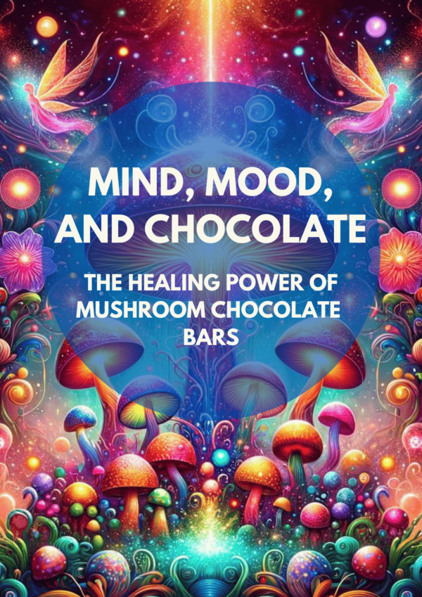 Mushroom Chocolate Bar with magic mushrooms on a poster with a caption listing its effects